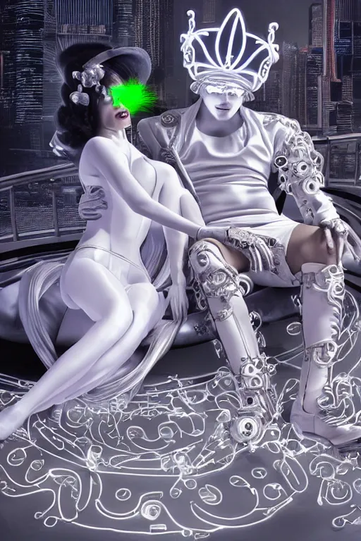 Image similar to full-body rococo and cyberpunk style neon statue of a muscular attractive Mario macho dotado e rico android sim roupa reclining con las piernas abertas e la piroca dura, glowing white lasers, glowing eyes, silver prince crown, silver steampunk gears, white diamonds, swirling mint-colored silk fabric. futuristic elements. ethereal white dripping tar. full-length view. space robots. human skulls. large white balloon animals. intricate artwork by caravaggio. Trending on artstation, octane render, cinematic lighting from the right, hyper realism, octane render, 8k, depth of field, 3D