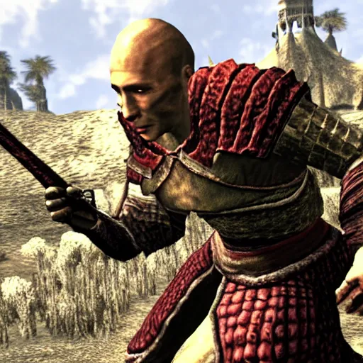 Prompt: attacking screenshot of george st. pierre in morrowind, imperial armor, pc graphics, npc talking, wilderness, 7 2 0 p, elder scrolls iii, detailed, dialog text