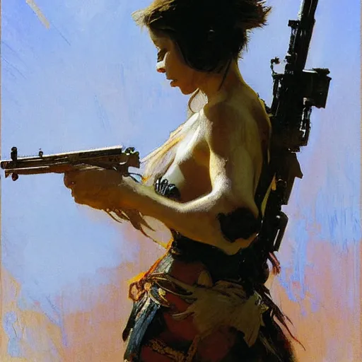 Prompt: female warrior wielding a gun painting, henry asencio, craig mullins, alphonse mucha