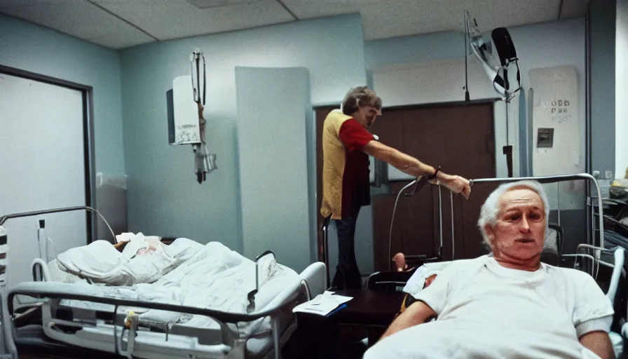 Image similar to 7 0 s movie still of a old man with trypophobia legs in the hospital, cinestill 8 0 0 t 3 5 mm eastmancolor, heavy grain, high quality, high detail