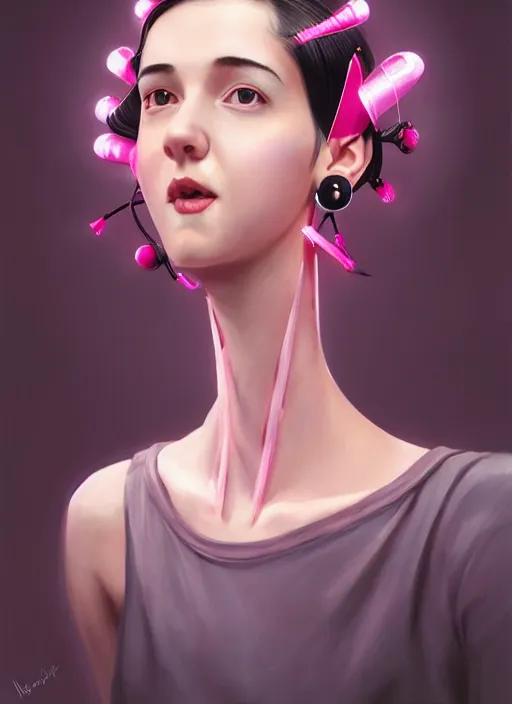 Image similar to portrait of high school girl, realistic, black hair, bangs, half updo hairstyle, pointy nose, skinny, smile, ugly, defined jawline, big chin, pink hair bow, earrings, intricate, elegant, glowing lights, highly detailed, digital painting, artstation, sharp focus, illustration, art by wlop, mars ravelo and greg rutkowski