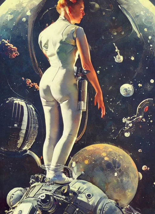 Image similar to elegant lady wearing a latex spacesuit standing on venus, by norman rockwell, jack kirby, jon berkey, earle bergey, craig mullins, ruan jia, jeremy mann, tom lovell, marvel, astounding stories, 5 0 s pulp illustration, scifi, fantasy