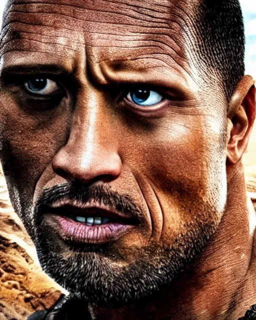 Image similar to film still close up shot of dwayne johnson as max rockatansky in the movie mad max. photographic, photography