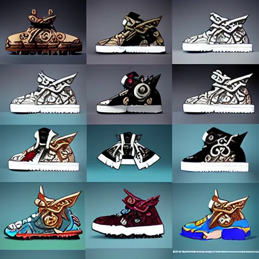 Image similar to fantasy anime jrpg sneaker design designed by studio ghibli, chrono trigger guilty gear style, aztec mayan street fashion native punk sneaker design, hip hop sneaker design with subtle mayan patterns, gapmoe yandere grimdark, trending on pixiv fanbox, painted by greg rutkowski makoto shinkai takashi takeuchi studio ghibli, akihiko yoshida