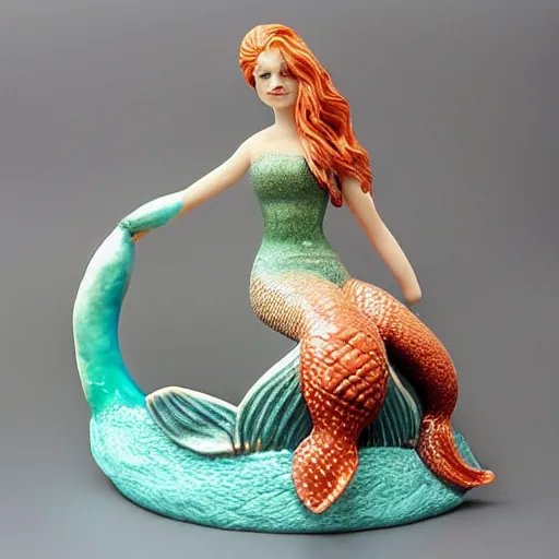 Image similar to a ceramic realistic mermaid sculpture mug, creative, beautiful, award winning design, functional, colorful