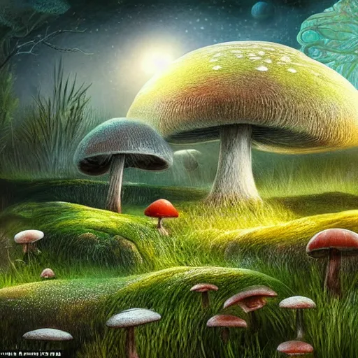 Prompt: dreamy landscape dominated by mushrooms connected by a vast mycelial network, otherworldly, beautiful, magical