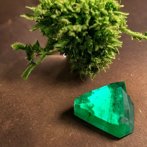 Image similar to a cut polished emerald gemstone growing from a plant