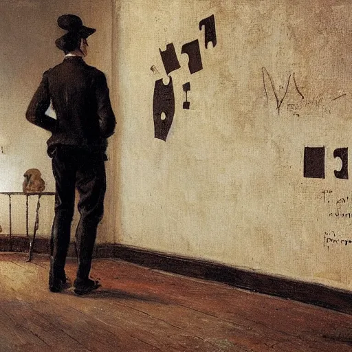 Image similar to a young man and a young woman solving an escape room puzzle, mysterious markings on the wall, by alfred stevens