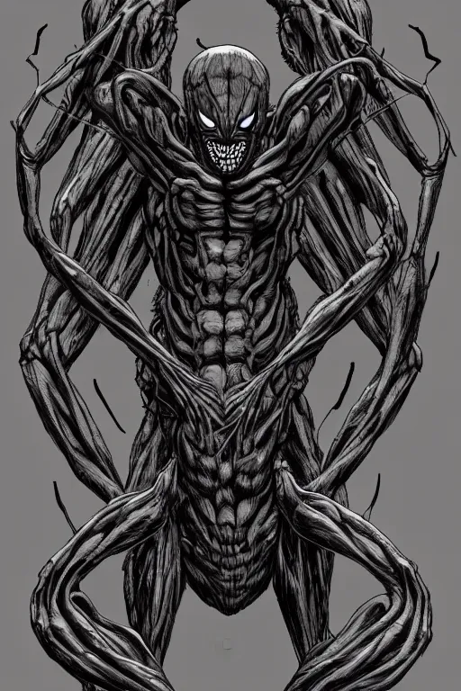 Prompt: spider humanoid figure monster, symmetrical, highly detailed, digital art, sharp focus, trending on art station, kentaro miura manga art style