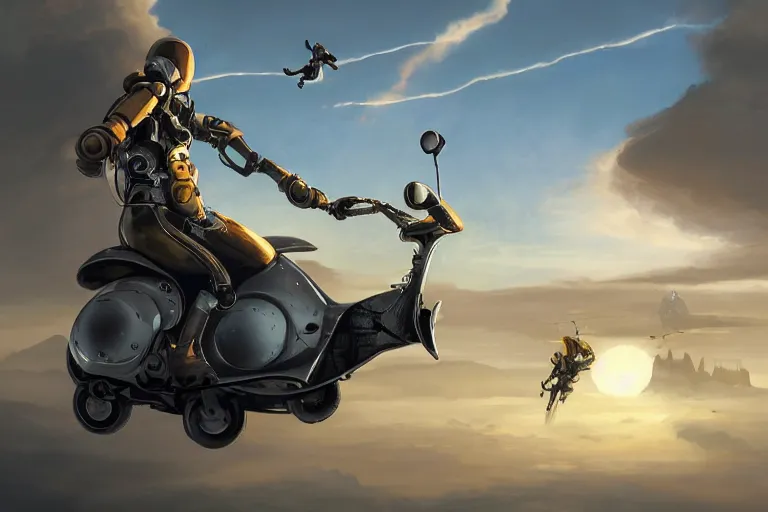 Prompt: an epic fantasy detailed illustration of an unmanned flying robotic vespa scooter among the clouds by alejandro burdisio and michael whelan, industrial, hydraulics, prosthetics, 4K, golden hour hues