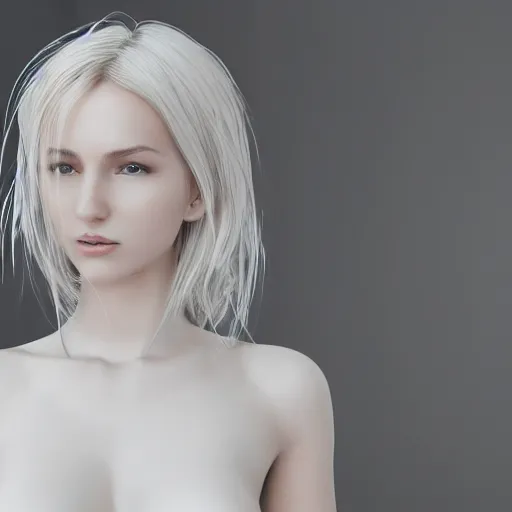 Image similar to Hyper realistic render of beautiful blonde girl in white minimalistic dress balances three water spheres, white minimalistic background, professional photo, balance compsition, award winning, Artstation, intricate details, realistic, Hyperdetailed, 8k resolution