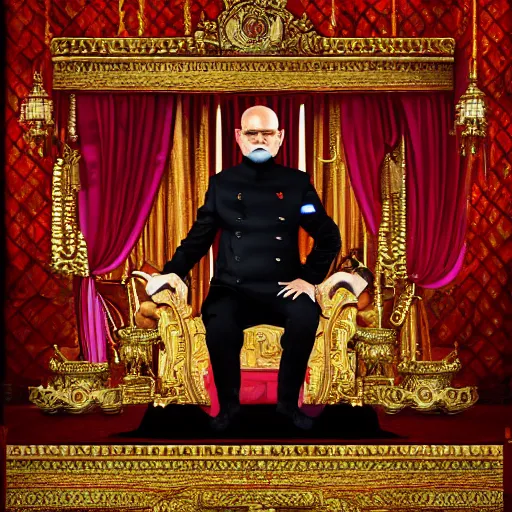 Image similar to the king of india sitting on a throne wearing a black suit and a red fez, detailed face with red lips, blue eyes and large forehead, moody atmosphere, digital art, highly detailed, high contrast, beautiful lighting, award winning, trending on art station, photorealistic, 8 k,