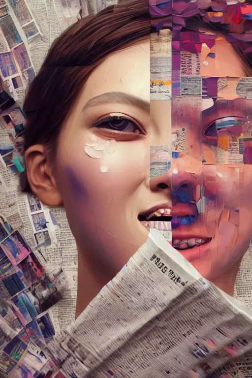 Image similar to 3 d, close - up, smiling fashion model, newspaper, tears, poster art, intricate oil painting, high detail, figurative art, multiple exposure, poster art, 3 d, by stanley kubrick and tooth wu and wlop and beeple