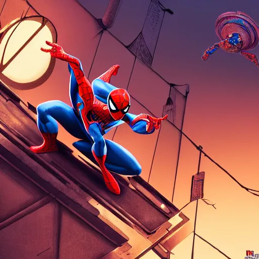 Image similar to spider - man ride on the raccoon and eating donuts, concept art, trending on artstation, highly detailed, intricate, sharp focus, digital art, 8 k