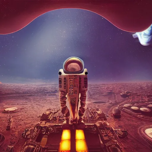 Image similar to astronaughts exploring a city on mars, retro, 1 9 2 0's sci - fi, deep aesthetic colors, 8 k, highly ornate intricate details, extreme detail,