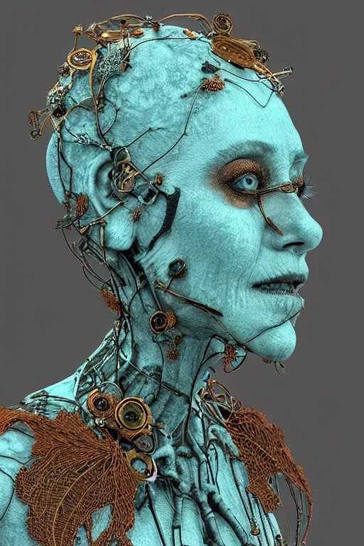 Prompt: complex 3d render ultra detailed of a beautiful dark dirty cracked porcelain old woman face, rusty biomechanical cyborg, analog, 150 mm lens, beautiful natural soft rim light, big leaves and stems, roots, fine foliage lace, turquoise gold details, Alexander Mcqueen high fashion haute couture, art nouveau fashion embroidered, steampunk, intricate details, mesh wire, mandelbrot fractal, anatomical, facial muscles, cable wires, microchip, elegant, hyper realistic, dark flower pattern background, ultra detailed, octane render, volumetric lighting, 8k post-production