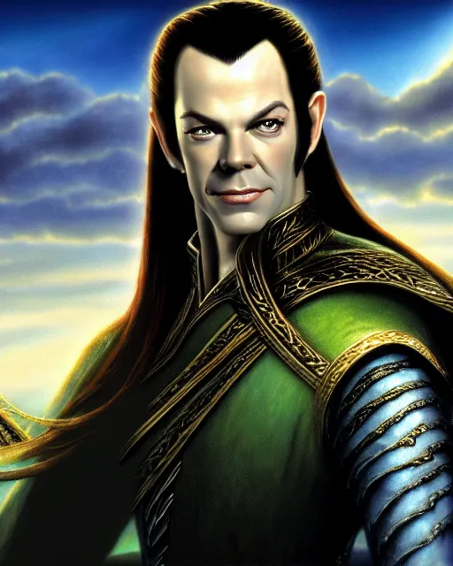 Prompt: Elrond from Lord of the rings, Cover art by Stephen Bliss, boxart, loading screen, 8K resolution