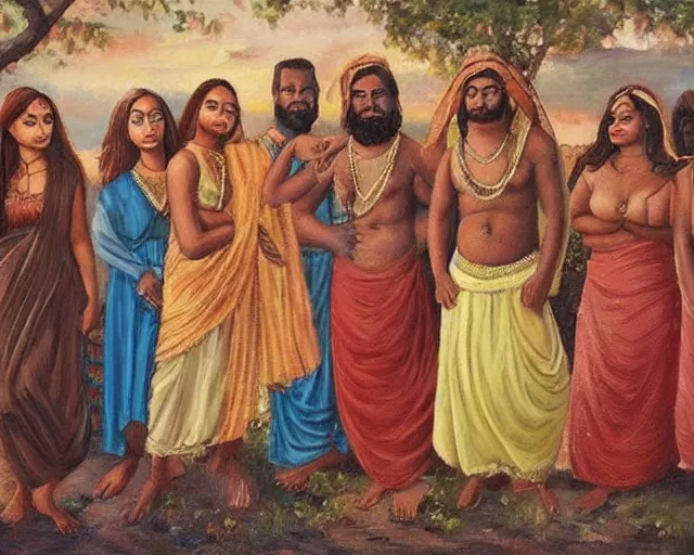 Image similar to beautiful oil painting of a brown man and his 7 wives in the afterlife. the beautiful curvy women are in love with their husband. lovely scene