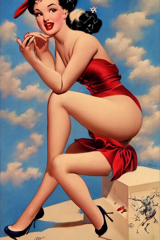 Prompt: Traditional American Tattoo of Pinup Girl by Gil Elvgren