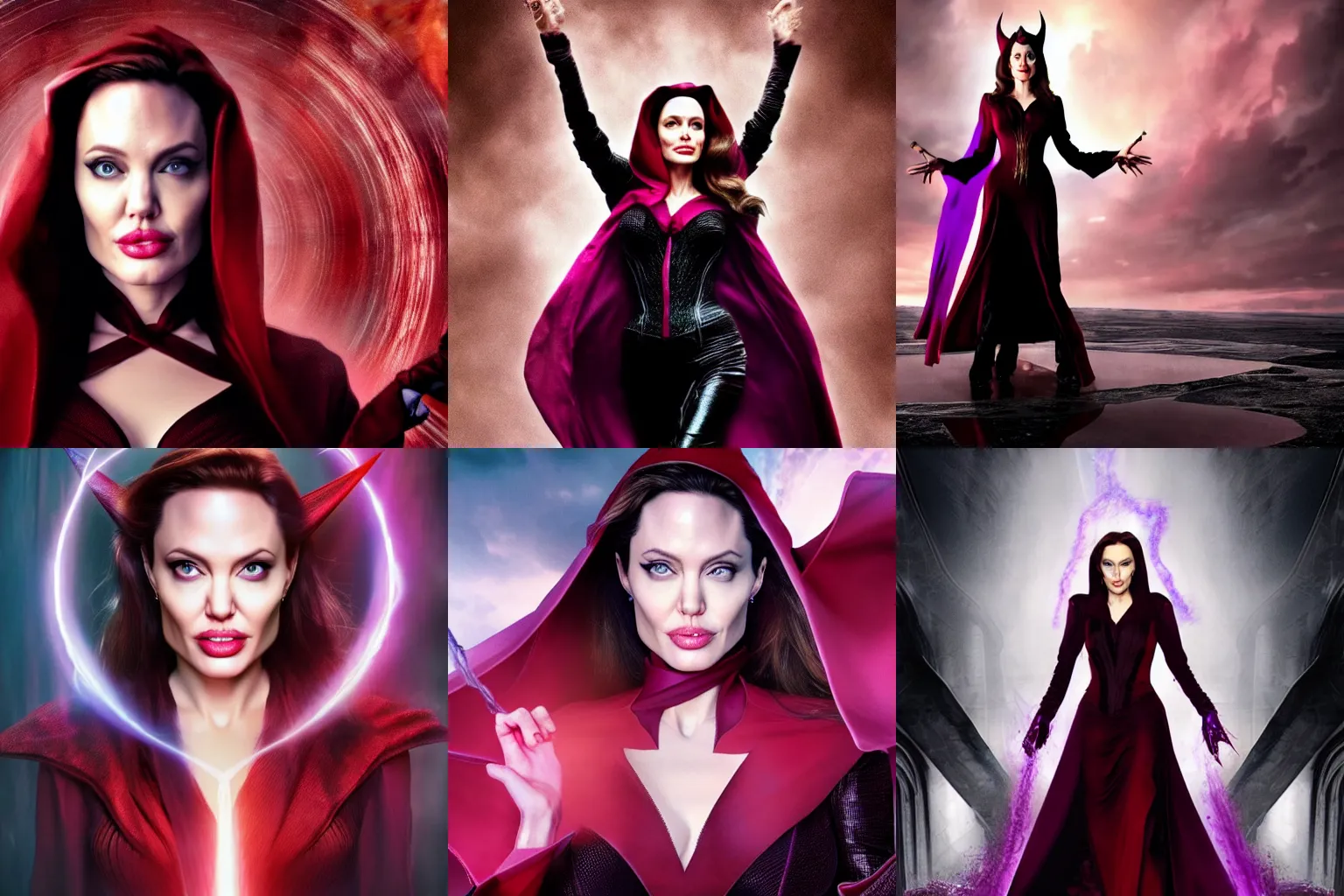 Prompt: Angelina Jolie as Scarlett Witch Scarlett Witch doing chaos magic, marvel, photorealistic, 4k, HDR, photograph