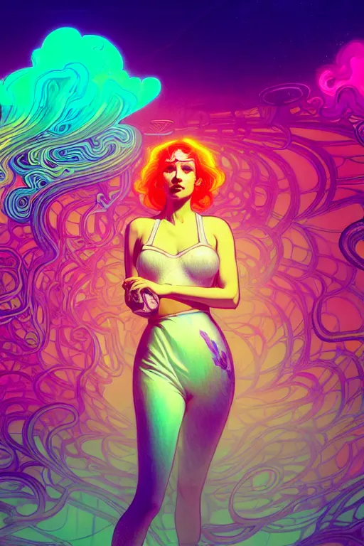 Image similar to a gorgeous woman surrounded by colorful liquid clouds and neon smoke, extremely detailed, in a psychedelic experience, psilocybin, dmt, lsd, face, highly detailed, artstation, alphonse mucha, hana yata, and artem demura and beeple, bill sienkiewicz, octane render, unreal engine, 8 k