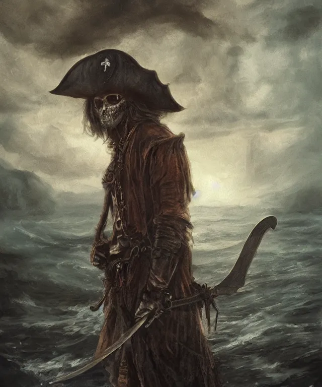 Image similar to ultra realistic color portrait painting of a tranparent 1 7 th century pirate ghost with a sword in a grotto, dark, painted, brooding, atmospheric, seascape, horror, smooth, epic, highly detailed, cinematic, artstation, by leesha hannigan