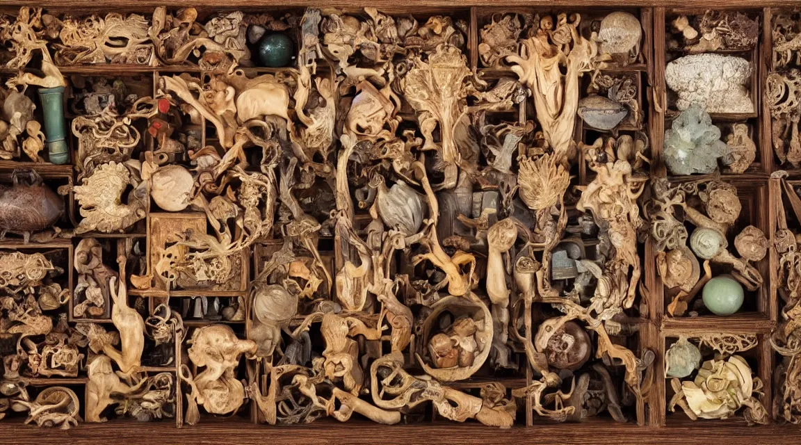 Prompt: wooden box with cabinet of curiosities filled with strange natural artifacts and wonders of the world, photorealistic, profesional photo, by Steve McCurry