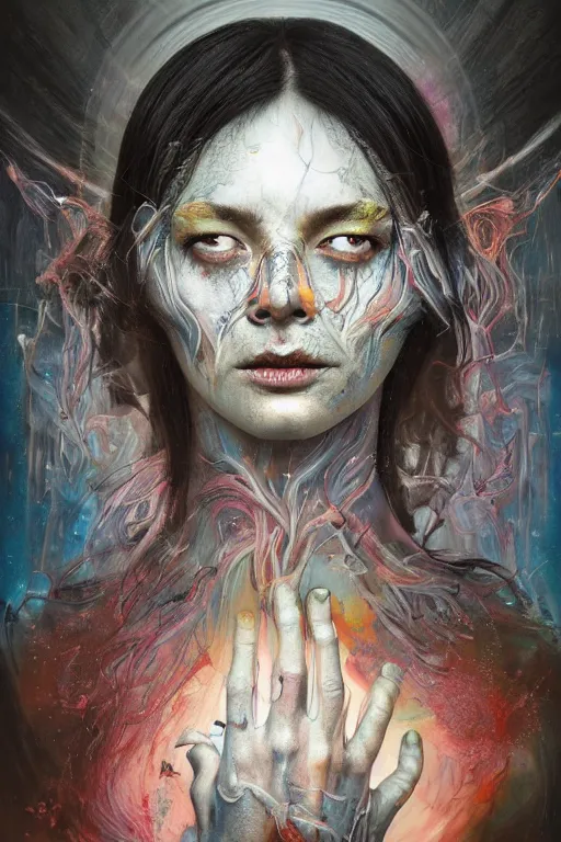 Image similar to dream portrait of the awakening of my 3rd eye,full character, melting ,8k,by tristan eaton,Stanley Artgermm,Tom Bagshaw,Greg Rutkowski,Carne Griffiths, Ayami Kojima, Beksinski, Giger,trending on DeviantArt,face enhance,hyper detailed,minimalist,horror, android, full of colour