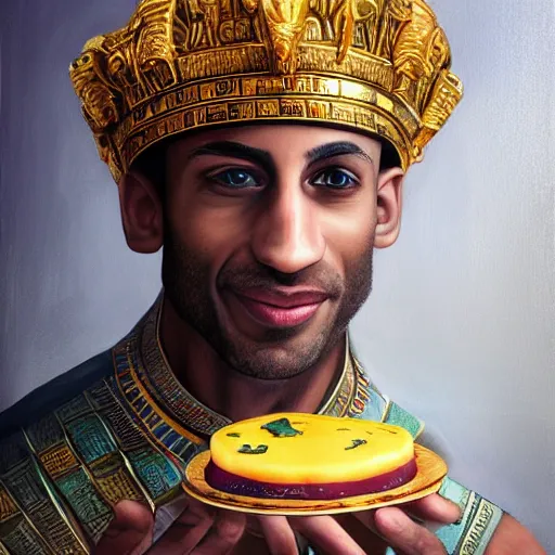 Image similar to realistic portrait beautiful painting depicts Ratatouille as King Pharaoh crowned with cheese in Ancient Egypt. created by Michaelangelo, trending on Artstation,high detailed, digital art.