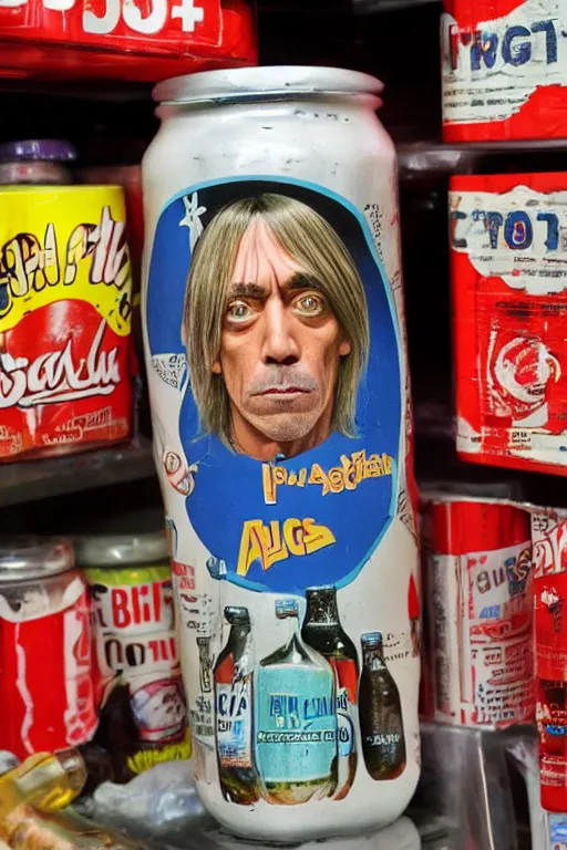 Prompt: a glass bottle of cola with iggy pop's head on it, in a bodega refrigerator