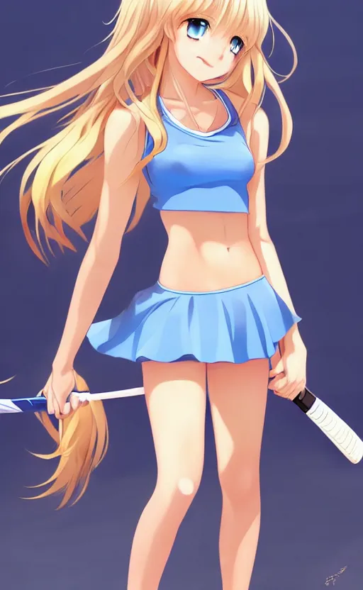 Prompt: a very beautiful young anime tennis girl, full body, head, long wavy blond hair, sky blue eyes, full round face, short smile, bikini, miniskirt, front view, mid - shot, highly detailed, cinematic wallpaper by stanley artgerm lau
