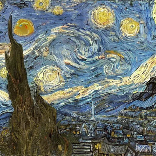 Image similar to a painting of a starry night over a martian cooling by vincent van gogh, featured on pixiv, futurism, sci - fi, post - impressionism, impressionism, painterly, detailed painting