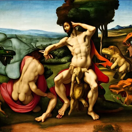 Prompt: Michael Angelo's Creation of Adam with dinosaurs instead of people