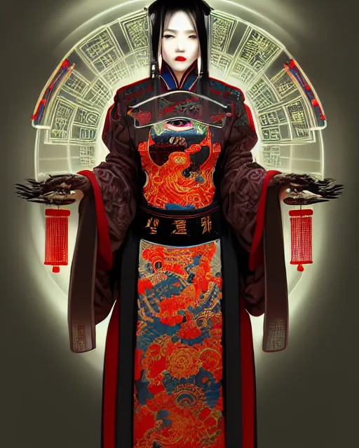 Image similar to portrait of a chinese cyberpunk machine, machine face, robed, upper half portrait, decorated with chinese opera motifs regal royal fierce machine robot cyberpunk fine china, wuxia, traditional chinese art intricate intense elegant highly detailed digital painting artstation concept art smooth sharp focus illustration, art by artgerm and greg rutkowski alphonse mucha 8 k