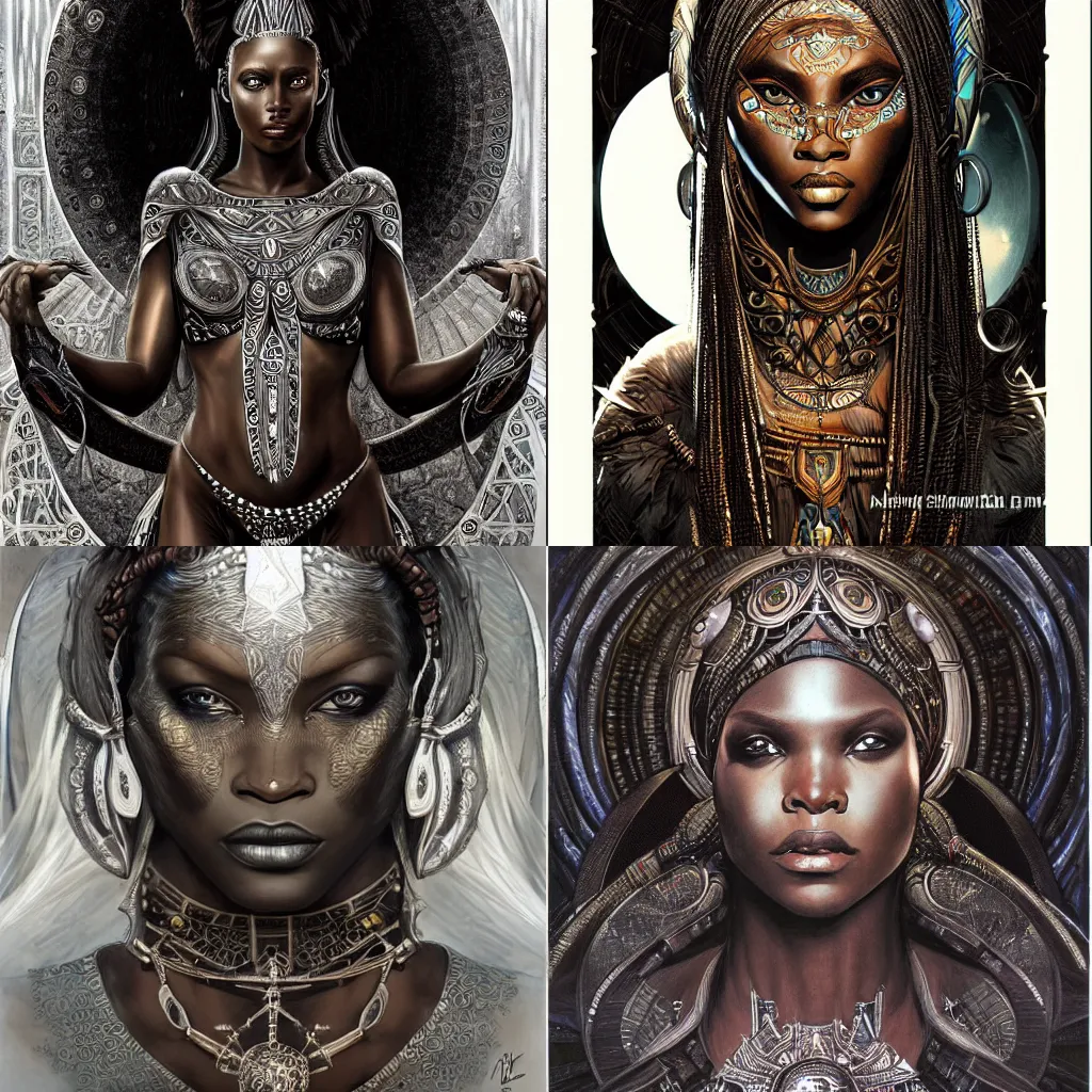 Prompt: black african princess, mucha, symmetric, intricate, highly detailed, concept art, sharp focus, illustration, rutkowski, aleksi briclot, giger