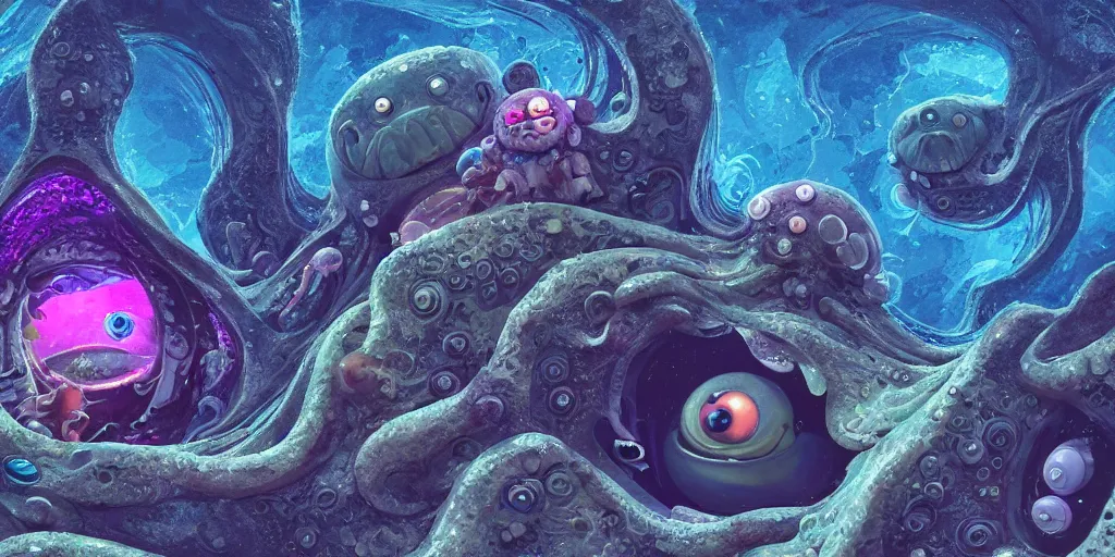 Image similar to of an intricate deep sea with strange cute friendly happy creatures with huge eyes, long tongue, round teeth and goofy funny face, appearing from the background, in the style of gehry and gaudi, macro lens, shallow depth of field, ultra detailed, digital painting, trending artstation, concept art, illustration, cinematic lighting, photorealism, epic, octane render