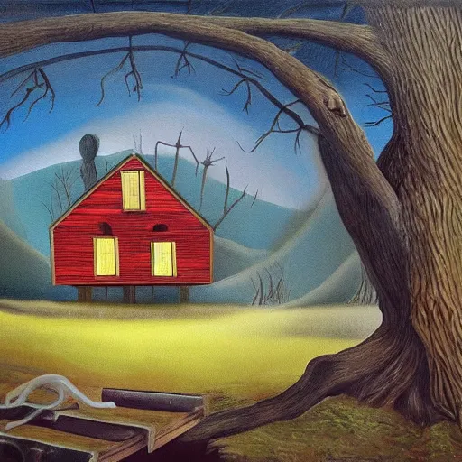 Prompt: a painting of a Eerie cabin in the middle of the woods in the style of Salvador Dali