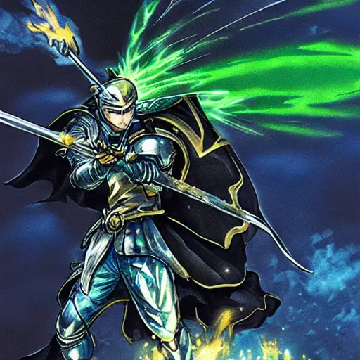 Prompt: fantasy knight behind the wheel of a green hatchback, blue armor, golden sword, dragon attacking with fire, Yusuke Murata