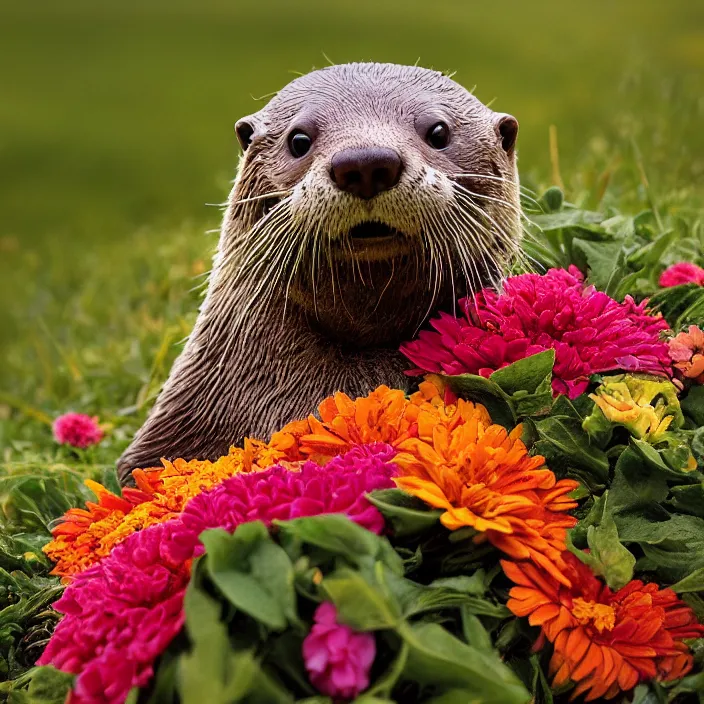 Image similar to closeup portrait of an otter wearing a hooded cloak and crown made of zinnias and rainbows, in an empty field, by Annie Leibovitz and Steve McCurry, natural light, detailed face, CANON Eos C300, ƒ1.8, 35mm, 8K, medium-format print