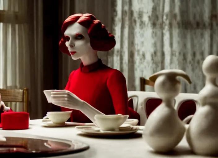 Prompt: movie still of a woman in a red dress made out of porcelain sitting at a table in a cafe, smooth white skin, creepy, directed by Guillermo Del Toro