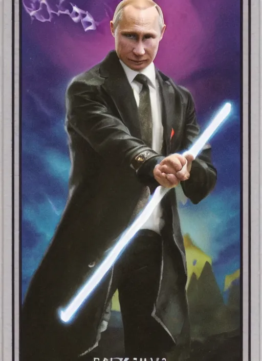 Prompt: a fully photographed magic the gathering card, depicting vladimir putin as a wizzard, 8 k