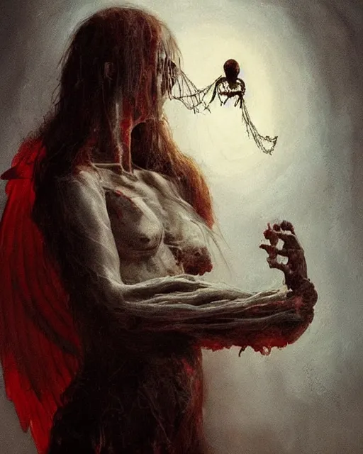 Image similar to an angel with a skull made of meat and webs for the head, dramatic lighting, cinematic, organic painting, dark, bold shapes, by greg rutkowski, by satoshi kon, by caravaggio, trending on artstation, dramatic lighting, horror, blood, god rays, angelical