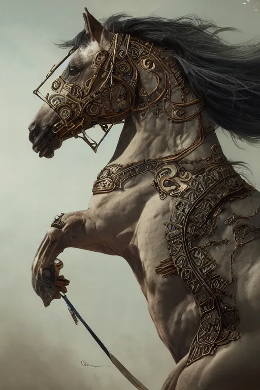 Image similar to 3 quarter view photography portrait of a prince stalion horse , organed, tatooed, intricate details, muscles, elegant, divine, illustrated by greg rutkowski and Akira Saito and Peter mohrbacher, 4k,