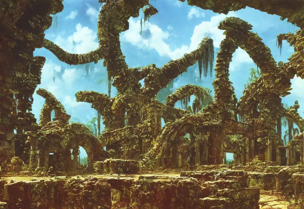 Image similar to a tropical alien world, ancient ruins, by roger dean, good lighting, david a. hardy, syd dutton, albert bierstadt