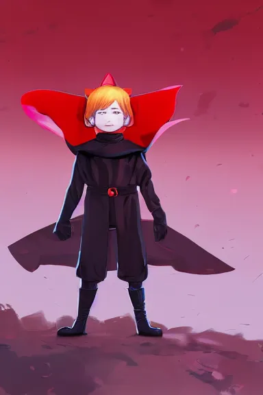 Image similar to little boy with cat ears in an black outfit with red cape. digital artwork made by lois van baarle and james jean and marc simonetti, sharpness focus, inspired by hirohiko araki, anatomically correct, heroic composition, hero pose, smooth