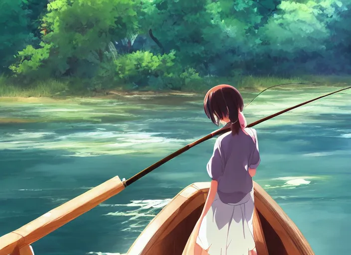 Prompt: a girl fishing on a wooden boat in a river, peaceful and serene, incredible perspective, anime scenery by Makoto Shinkai