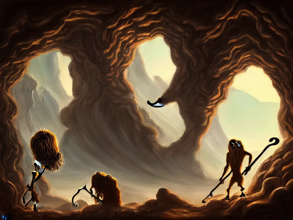 Image similar to a painting of a human of a big mouth turns into a cave with strange bearded beings with scythes, 4 k, art by miguel alandia pantoja