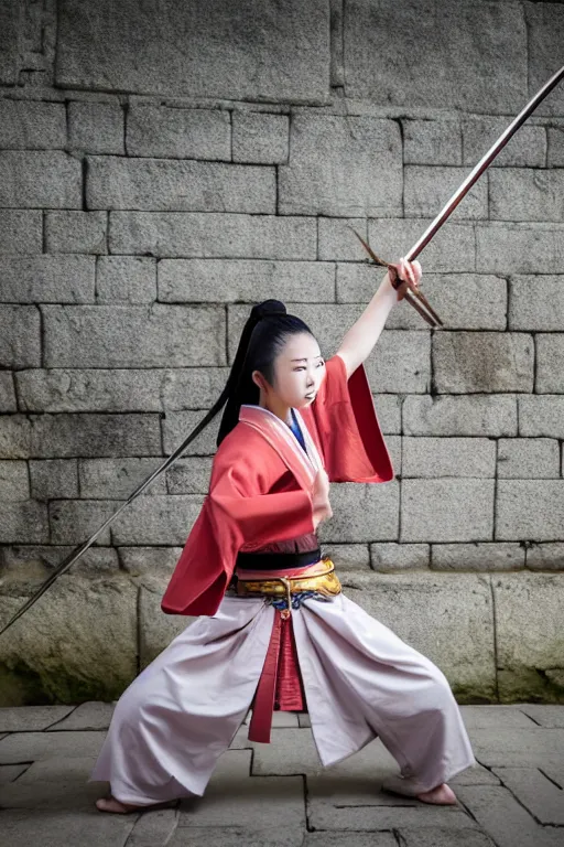 Prompt: highly detailed beautiful photo of a young female samurai, practising sword stances in a ancient temple, symmetrical face, beautiful eyes, realistic anime art style, 8 k, award winning photo, pastels colours, action photography, 1 / 1 2 5 shutter speed, sunrise lighting