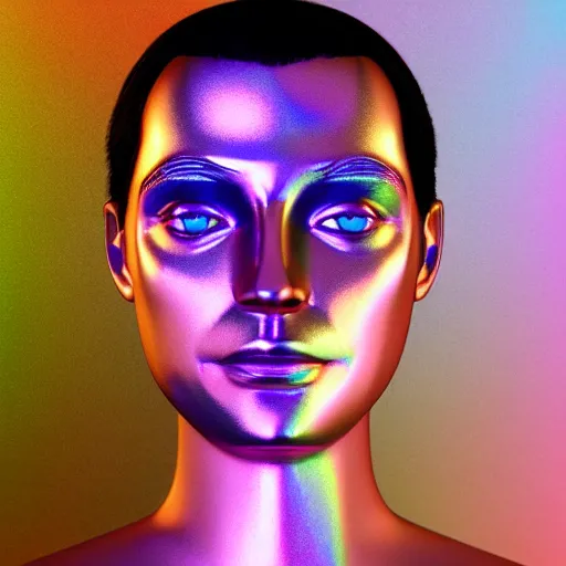 Image similar to 3d render of holographic human robotic head made of glossy iridescent, surrealistic 3d illustration of a human face non-binary, non binary model, 3d model human, cryengine, made of holographic texture, holographic material, holographic rainbow, concept of cyborg and artificial intelligence