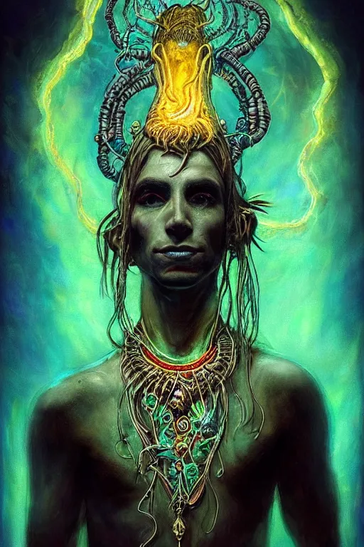 Image similar to full body psychedelic shaman with trinket necklace, epic angle and pose, symmetrical artwork, ayahuasca, translucent, fungus, energy flows of water and fire, highly detailed, epic cinematic concept art, excellent composition, dystopian brutalist atmosphere, dynamic dramatic lighting, aesthetic, very inspirational, arthouse, Greg Rutkowski, Artgerm